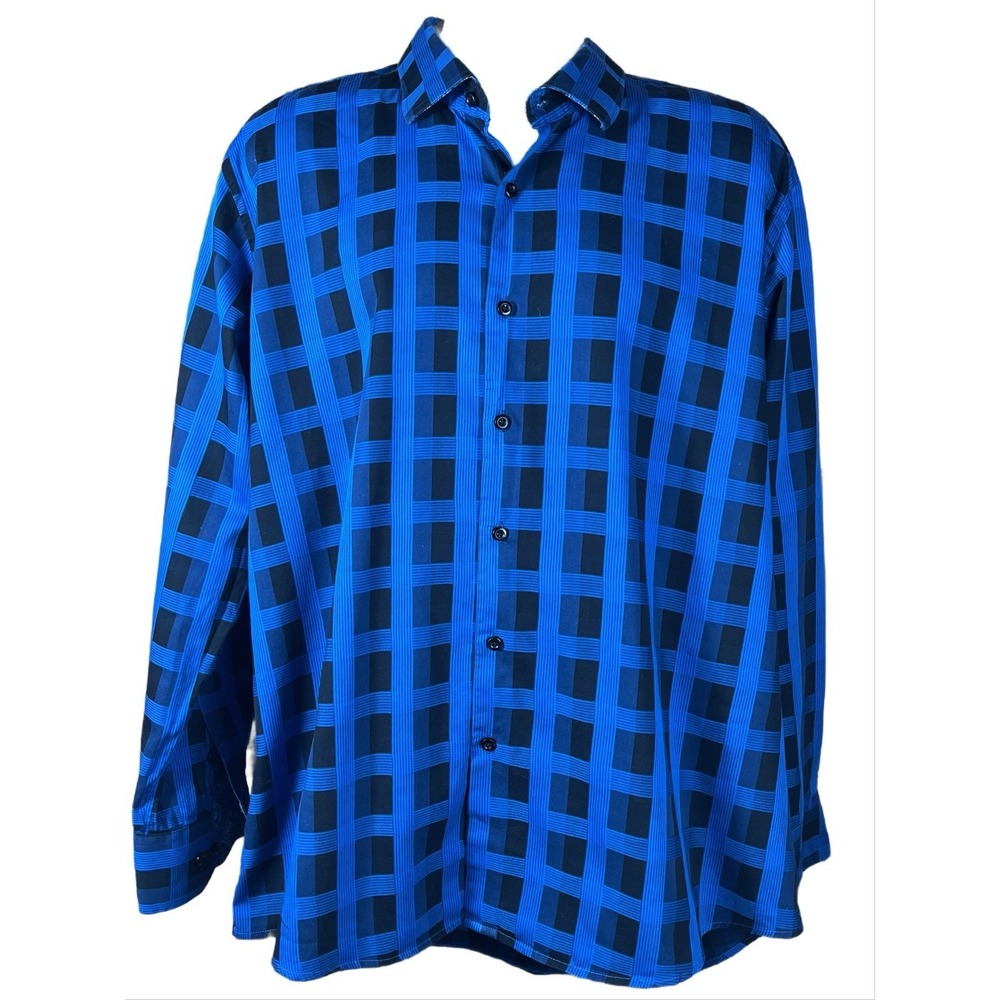 Karma Blu Men Shirt 2XL Blue Plaid Button Up Modern Fit L/S 2-Ply Cotton